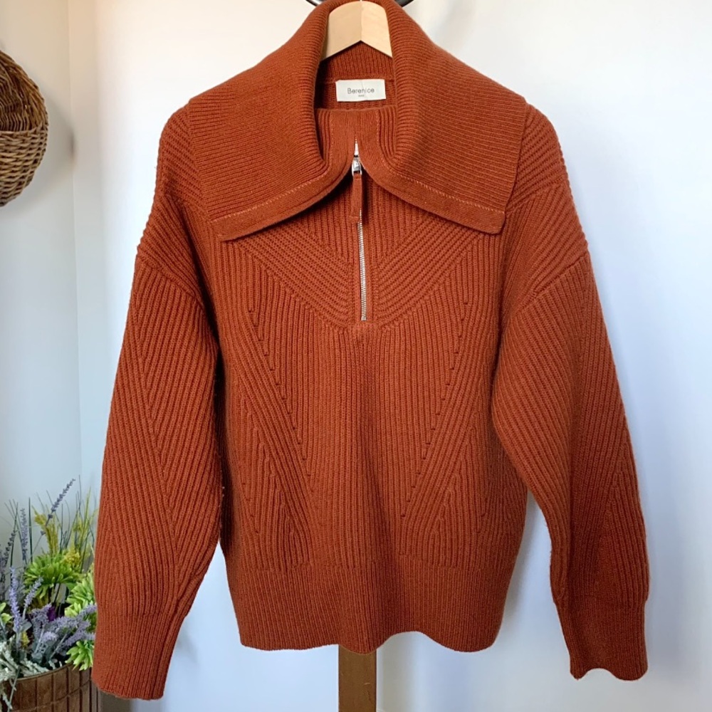 Berenice Paris Wool Cashmere Chunky Knit Zip up High Collar Sweater